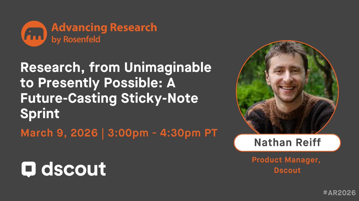 RosenfeldMedia's tweet image. How can researchers keep up with change?  

Join Dscout next week for a free workshop on the technology, skills, and mindsets shaping great research in 2026.  

Sign up: rosenfeldmedia.com/advancing-rese…
#UXResearch #UserResearch #AR2026 #AIinUX