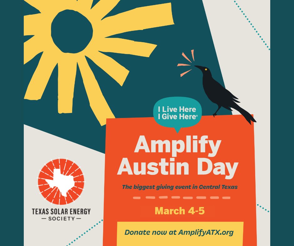 TXSES's tweet photo. #AmplifyAustin kicks off this Wednesday, but you can start giving NOW!📣 #TXSES is excited to participate for the first time☀️Starts Wed, 6pm; ends Thurs, 6pm
➡️Donate on TXSES Amplify page:
https://t.co/SbFWxdVZ0j
➡️ Learn more about #AmplifyATX: https://t.co/eyoUqr6tKp

#solar https://t.co/qYSpBCFfmv