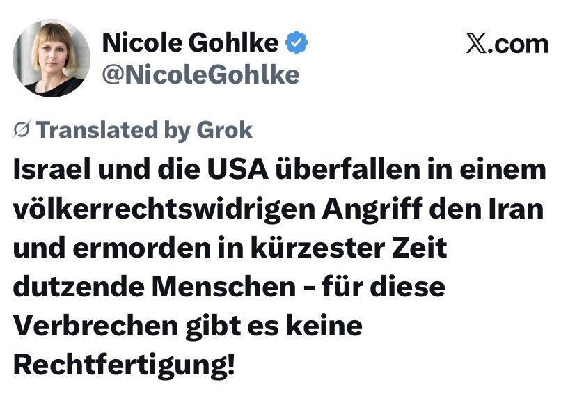 Nicole Gohlke IS BACK!!!
Und sie bleibt stramm &amp; stabil pro-Islamo-Faschismus, pro-Vergewaltigung, pro-Unterdrückung, pro-Diktatur, pro-Mord-an-32.000-Iranern-die-nur-Freiheit-wollten…und macht für aaaallllllles Israel und die USA schuldig. GENAU SO wie es Islamo-Faschisten tun.