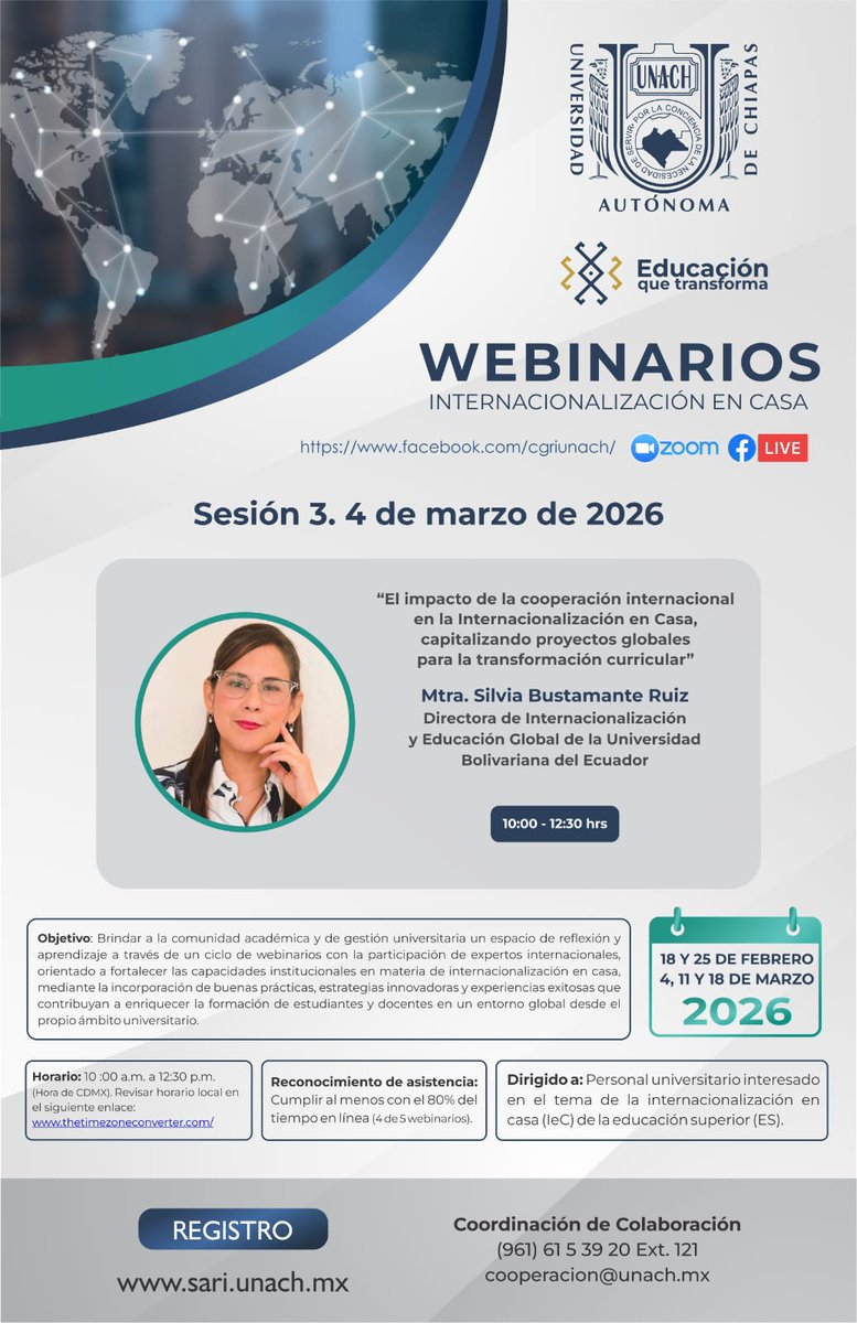 SirventTrejo's tweet photo. La @unach le invita al Webinar con Silvia Bustamante con el tema: “El Impacto de la cooperación internacional en la Internacionalización en Casa, capitalizando proyectos globales para la transformación curricular", el 04/03/26 a las 10 (CdMx) 
Zoom: https://t.co/2nmBFy3vEL... https://t.co/cwkpnjCk5V