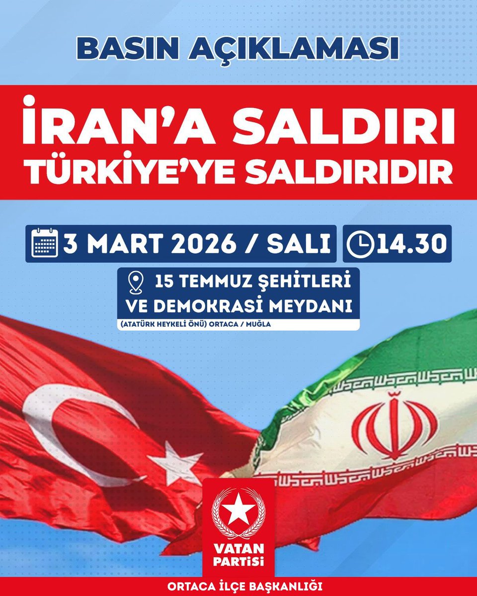 vatanpartisi48's tweet photo. İran'a Saldırı Türkiye'ye Saldırıdır!

Muğla'da ABD ve İsrail saldırganlığına karşı ayağa kalkıyoruz!

Ortaca İlçe Başkanlığımızın gerçekleştireceği açıklamamıza tüm Ortacalı hemşehrilerimiz davetlidir! https://t.co/QIIed1QKiJ