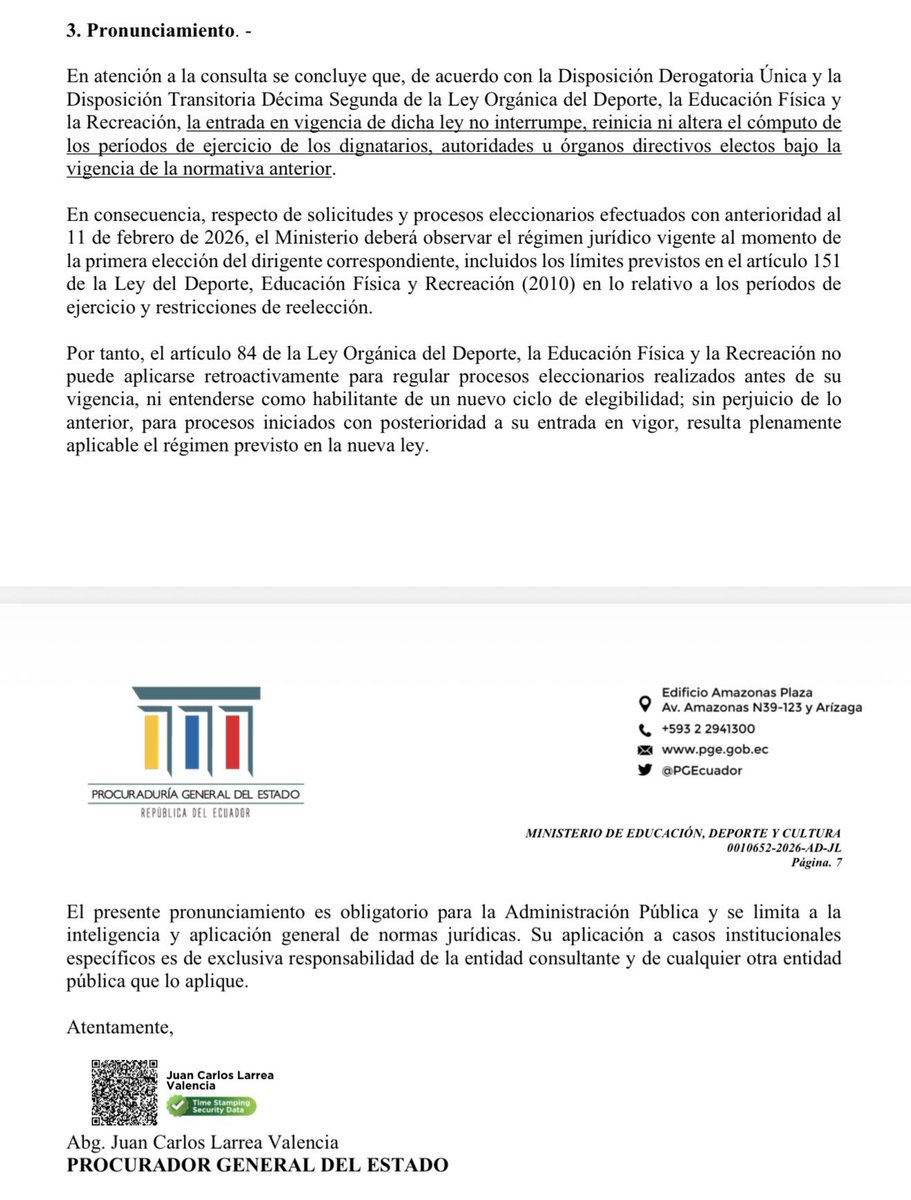 chipilaso93's tweet photo. AHORA | El Procurador General de Estado se pronuncia sobre los procesos eleccionarios en la FEF y COE y aclara que la nueva Ley del Deporte NO reinicia, ni altera períodos de dirigentes electos antes de su vigencia y NO se aplica retroactivamente a procesos previos. ¿Cuál será el argumento ahora para que Egas pueda reelegirse?