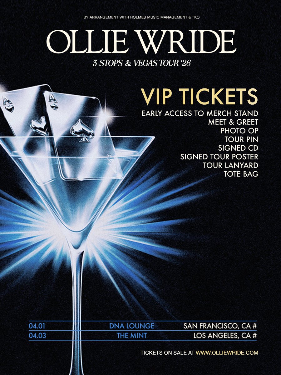 SAN FRANCISCO + LOS ANGELES

I’m ecstatic to announce that I’ll be returning to Stateside for two intimate headline shows | April 1 + 3 — Limited capacity. New set.

This is where it starts… more very exciting announcements to follow 😉

🎟️ olliewride.com/tour

O x