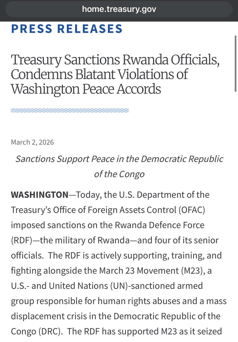 AleshOfficiel's tweet photo. Des sanctions Américaines viennent de tomber (et ce n’est qu’un début) contre l’Armée Rwandaise et certains de ses acteurs clés pour avoir violé les accords de Washington.
À lire ici 👉🏽 https://t.co/vOB2Yqiiim

Si vous ne parlez pas Anglais, utilisez une IA pour traduire le texte https://t.co/tDSXCG8beI
