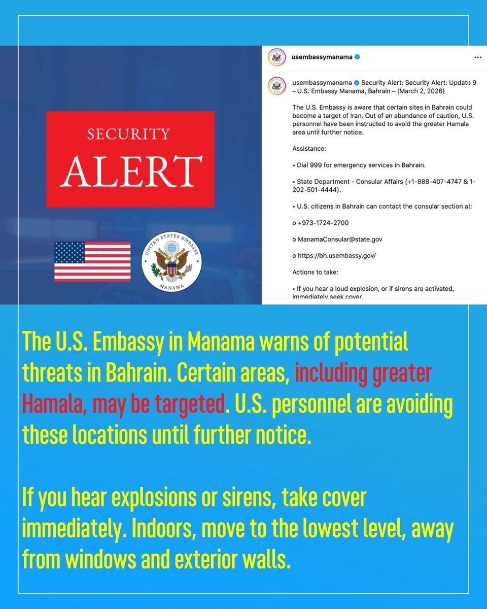#Update | 09.00PM | The U.S. Embassy in Manama warns of potential threats in Bahrain. Certain areas, including greater Hamala, may be targeted. U.S. personnel are avoiding these locations until further notice.

#NewsofBahrain #news #Bahrain #Manama