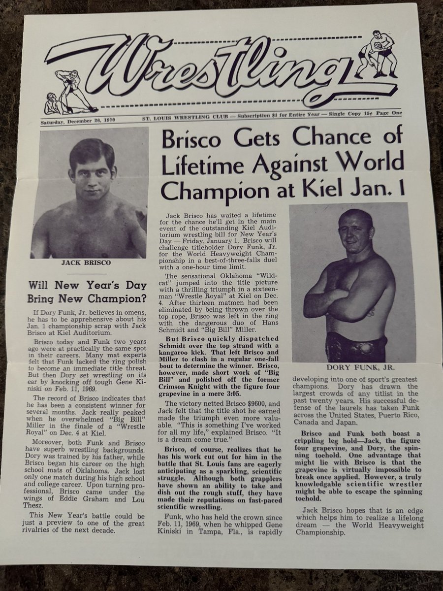 Wrestlingwclass's tweet photo. St.Louis Wrestling Newsletters December 26th 1970
Featuring the build to #DoryFunkJr defending the NWA worlds title against #JackBrisco doesn’t get much better than that.
#SuckerforStLouis
#WrestlingwithClassics https://t.co/hZZGWkQRoW