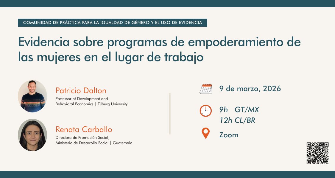 📣 Evento abierto | Comunidad de Práctica para la Igualdad de Género y el Uso de Evidencia
9 mar 2026 | 09:00 GT/MX
Tema: Empoderamiento de las mujeres en el trabajo.
Regístrate: j-pal.me/CoPGenderempow…
ℹ️Más detalles en: j-pal.me/CoPInfo

#IgualdadDeGénero #UsoDeEvidencia