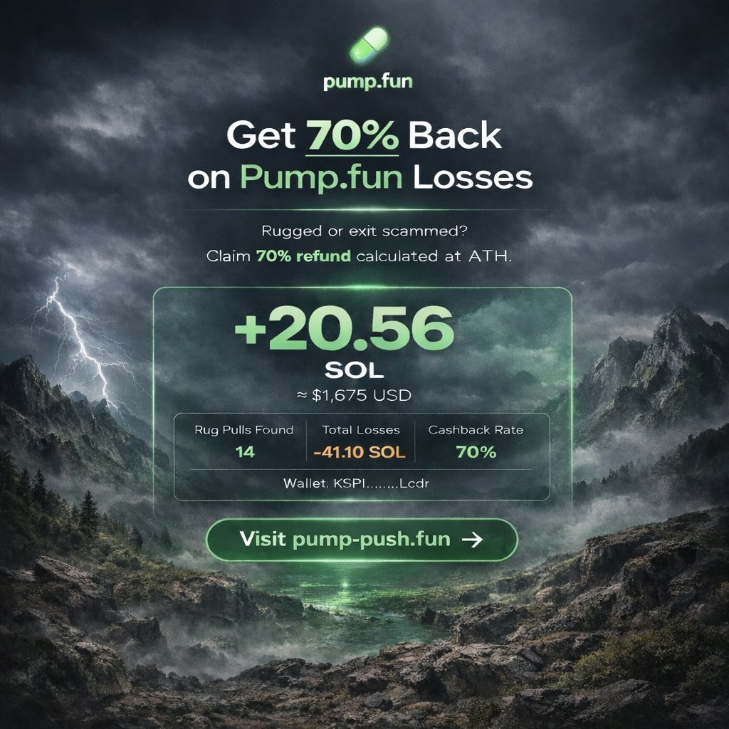 cryptov1bes's tweet photo. 🚨PUMP FUN launched 70% cashback program to refund rugpull loses.    Finally, after all this rugs, don't miss event 

🔗 https://t.co/mQ91UjFcKI

Lost money on PumpFun? They refund 50% of all your losses calculated at ATH price https://t.co/Puh6DStcqU