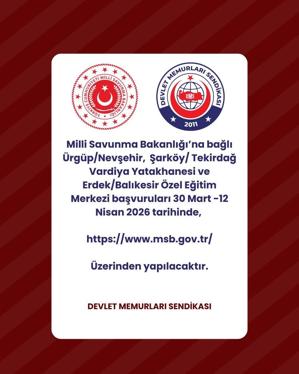 Ürgüp/Nevşehir,  Şarköy/ Tekirdağ Vardiya Yatakhanesi ve Erdek/Balıkesir Özel Eğitim Merkezi başvuruları 30 Mart -12 Nisan 2026 tarihinde,
msb.gov.tr
üzerinden yapılacaktır.
Görevli dm ve emekli devlet memurları başvuru yapabilecektir.

#DevletMemurlarıSendikası