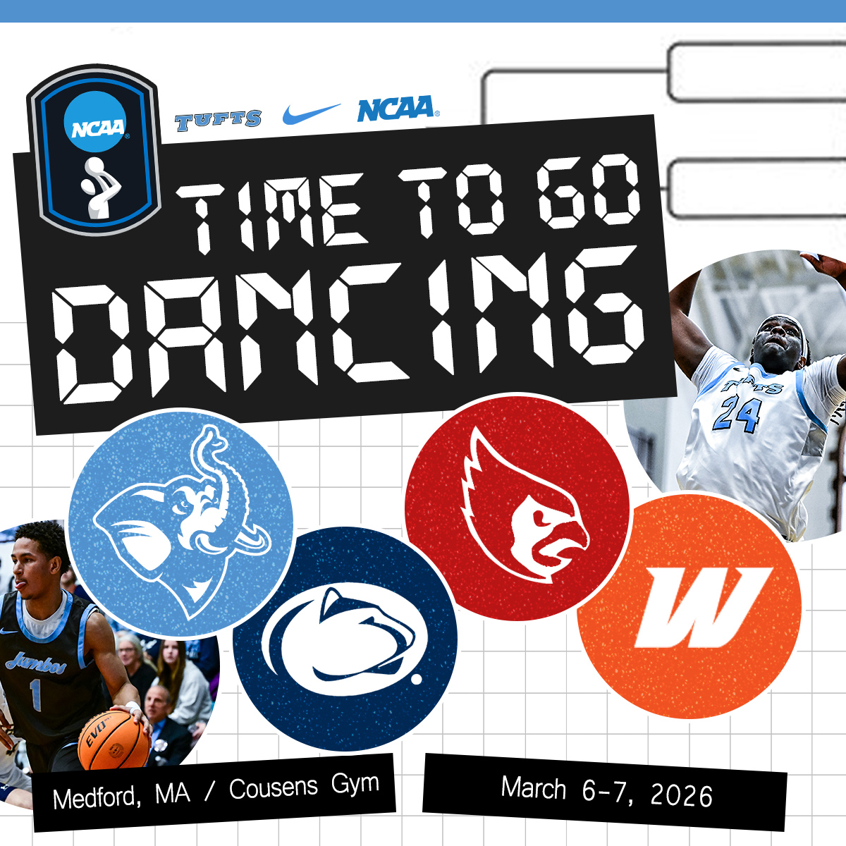 TuftsJumbos's tweet photo. MBB | IT'S DANCING TIME!!

We'll host the opening rounds this weekend, taking on PSU-Harrisburg Friday with Catholic and WestConn coming to town! 

First round action Friday, with winners playing Saturday!

#JumboPride // #GoJumbos // #d3hoops https://t.co/WxiJt47bmg