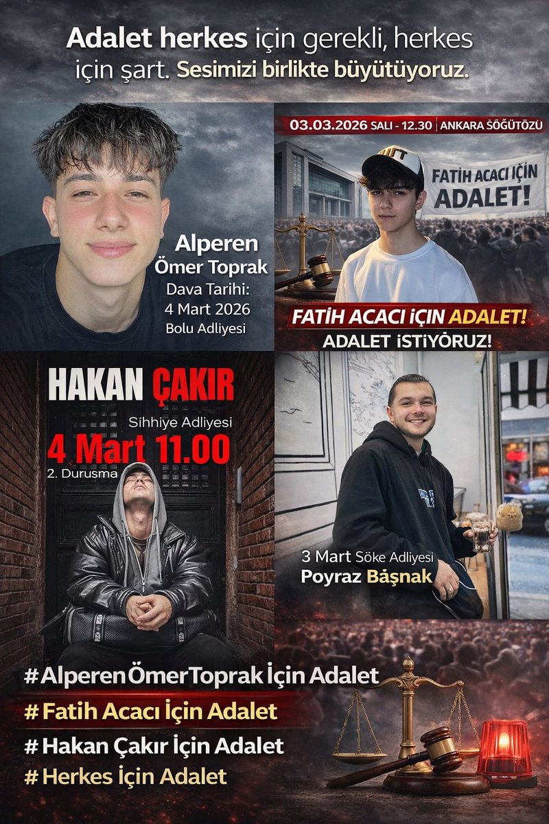 Gumus_219's tweet photo. @krizantem82 Adalet herkes için gerekli, herkes için şart.
Bu akşam sesimizi birlikte yükseltiyoruz.
"SON DAKİKA"
#AlperenÖmerToprakİçinAdalet
#FatihAcacıİçinAdalet
#HakanÇakırİçinAdalet
#PoyrazınSesiOl
#HerkesİçinAdalet https://t.co/tBZ0W8ysrt