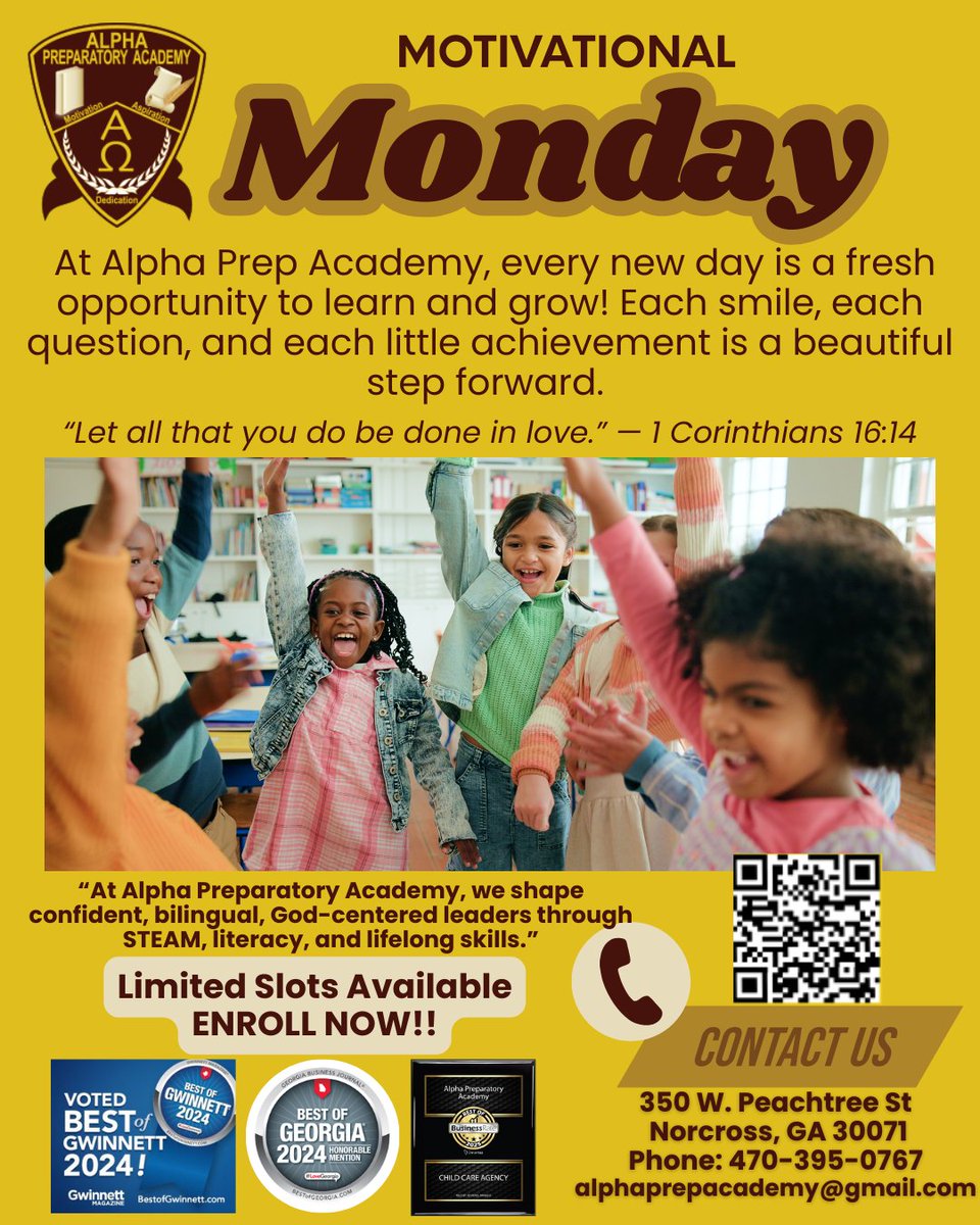 AlphaprepAcad's tweet photo. ✨ Motivational Monday ✨

🌼 At Alpha Prep Academy, every day is a fresh chance to learn &amp; grow! Every smile and small achievement matters. 💛
“Let all that you do be done in love.” — 1 Corinthians 16:14

Growing minds. Bright futures. 🌟
#MotivationalMonday #LearningTheAlphaWay https://t.co/Xx3RerjIkb