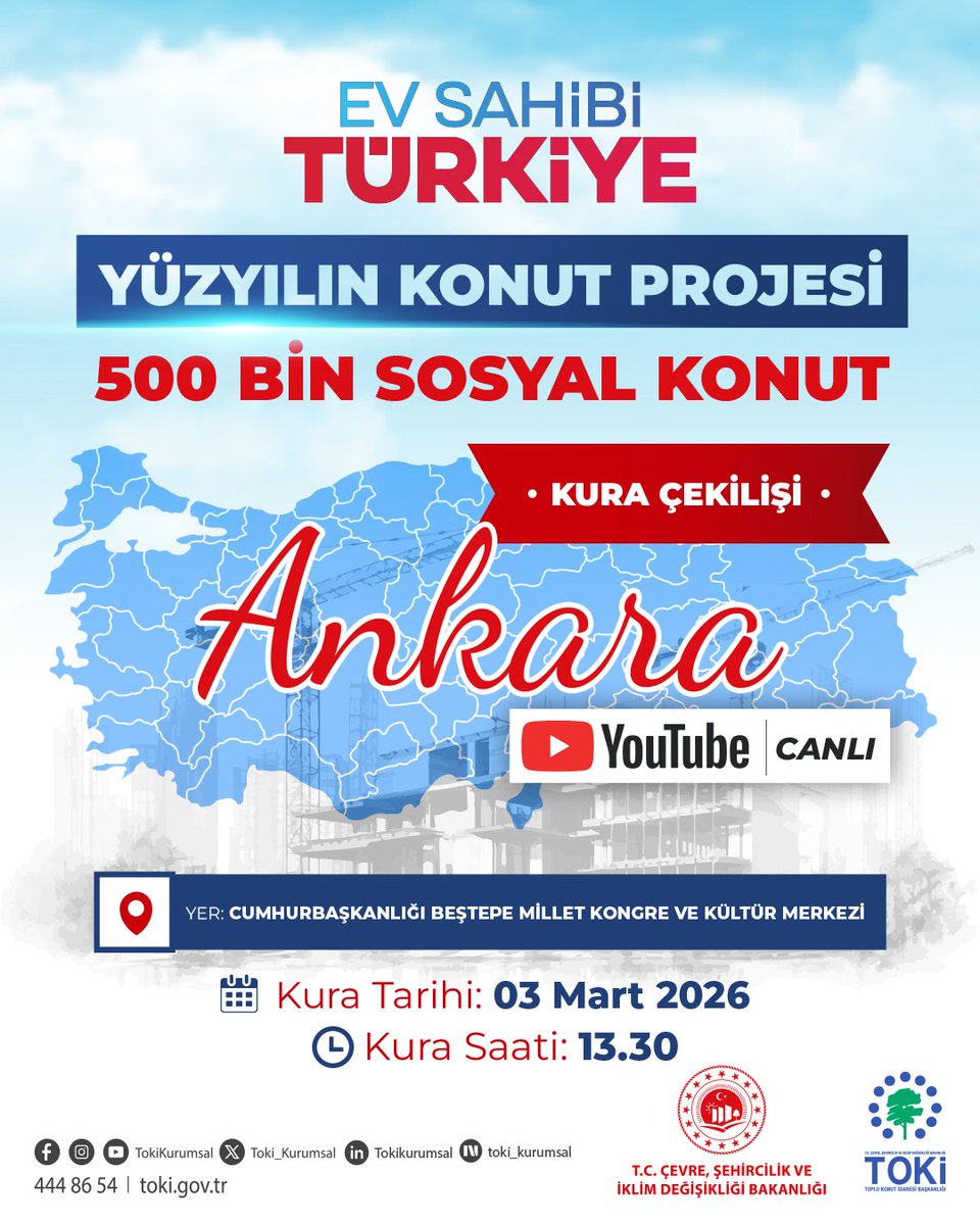 Toki_Kurumsal's tweet photo. 🏘️ Yüzyılın Konut Projesi'nde kuralar devam ediyor.

🍀 5️⃣0️⃣0️⃣ Bin Sosyal Konut Projesi kapsamında; yarın (3 Mart 2026) Ankara projeleri için kura çekilecek. 

➡️ Kura çekimi resmi YouTube hesabımızdan canlı yayınlanacaktır.

⬇️ Canlı Yayın Bağlantısı

📍 Ankara 3️⃣1️⃣.0️⃣7️⃣3️⃣ Konut Hak Sahibi Belirleme Kura Linki; 
🕚 13.30
🔗  https://t.co/573xPoGkkE

🔍 Detaylar için ⤵️
🔗 https://t.co/5TEuolGLoo
