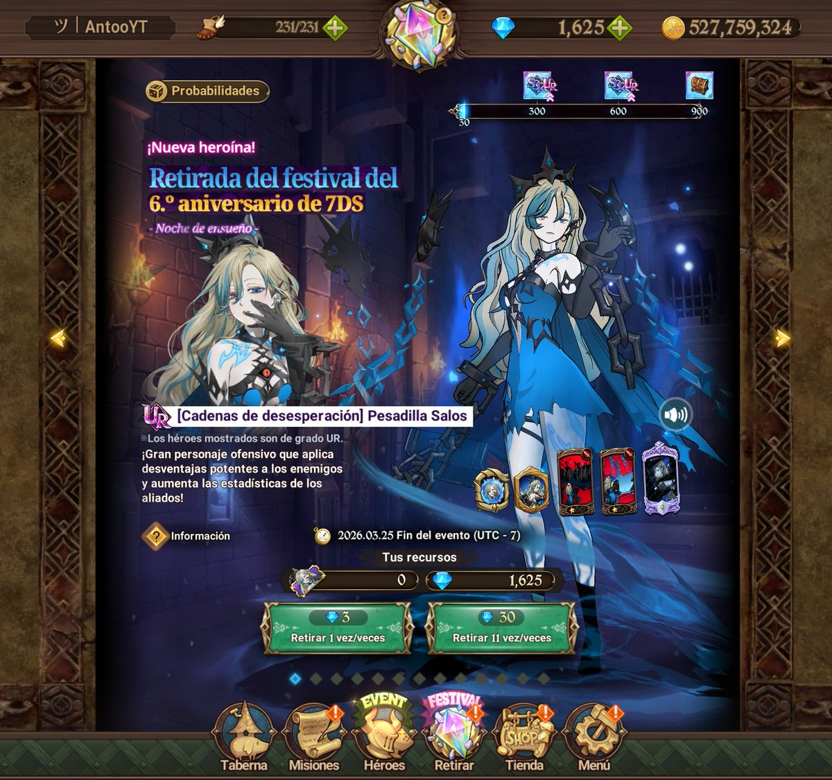 AntooElCazador's tweet photo. Llegó el momento de presumir sus summons para la nueva personaje Festival "Pesadilla Salos"! Si tienes capturas, mándalas para caer en la locura. Yo apenas la conseguí en los 900... La tengo solo 1/6 de dupes #7ds #grandcross #salos https://t.co/GLIKryQF5l