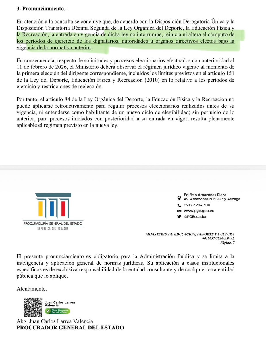 xaviersegovia32's tweet photo. 🚨‼️ En este pronunciamiento de la Procuraduría General del Estado 🇪🇨, firmado el 01/03/2026, se establece que la entrada en vigencia de la nueva Ley del Deporte:

"No irrumpe, reinicia ni altera el cómputo de los periodos de ejercicio de los dignatarios, autoridades u órganos directivos electos bajo la vigencia de la normativa anterior".

Este documento reafirma que ningún directivo podrá ser electo por un tercer periodo consecutivo. En caso de suceder, la inscripción de ese Directorio no se dará.