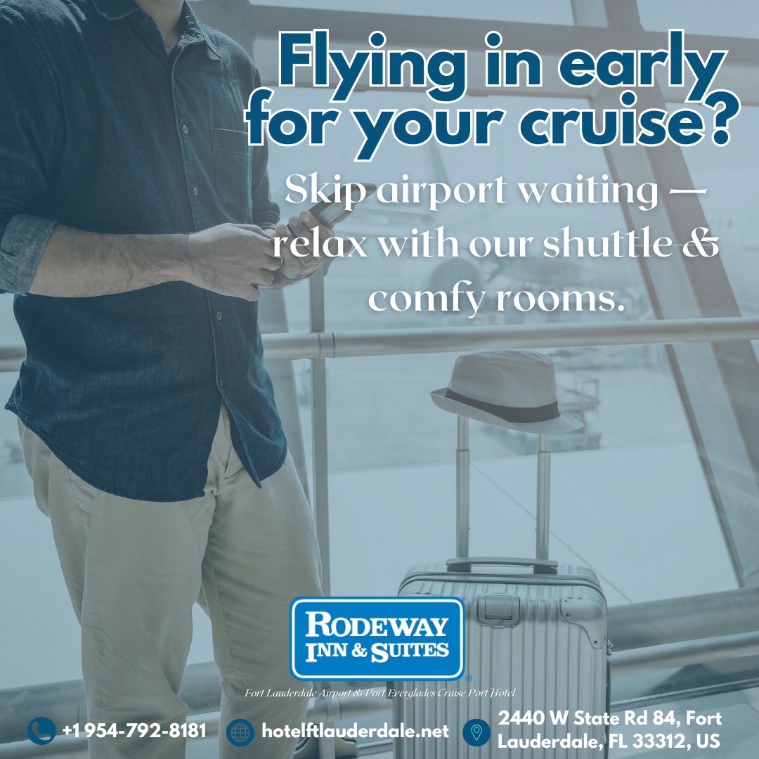 RodewayFLL's tweet photo. Why wait at the terminal when you can unwind by the pool? Stay minutes from FLL &amp; Port Everglades and start your vacation sooner.
#CruiseTravel #FLLAirportHotel #PreCruiseStay #TravelSmart #FortLauderdaleHotel https://t.co/Ju4sUu3w4Y