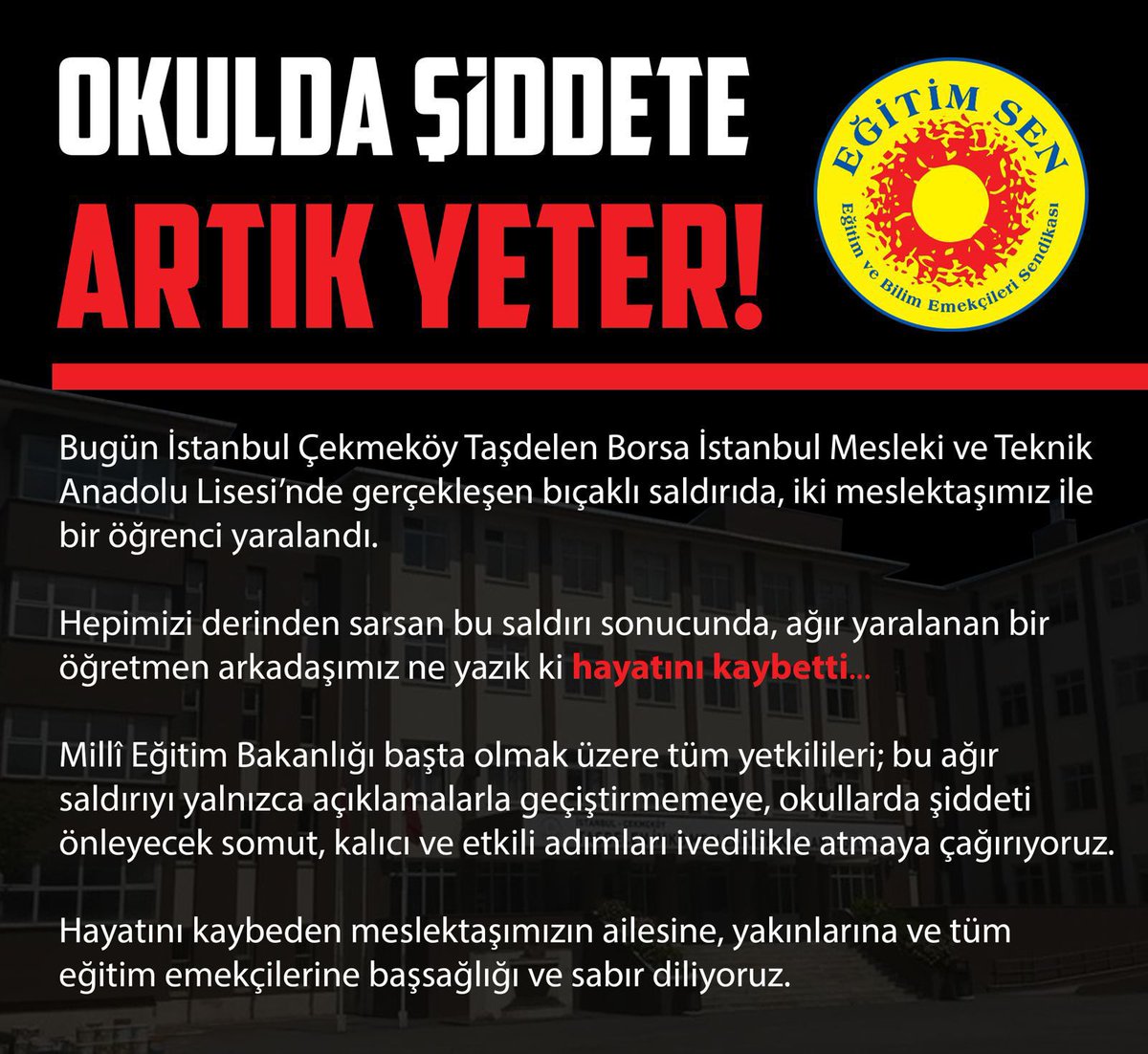 Öğretmen  arkadaşlarımızın can güvenliği tehlikededir bu kaçıncı olay daha ne kadar geçiştireceksiniz ! 
Fatma Nur Çelik öğretmenimizin ruhu şad olsun. #siddetedurde