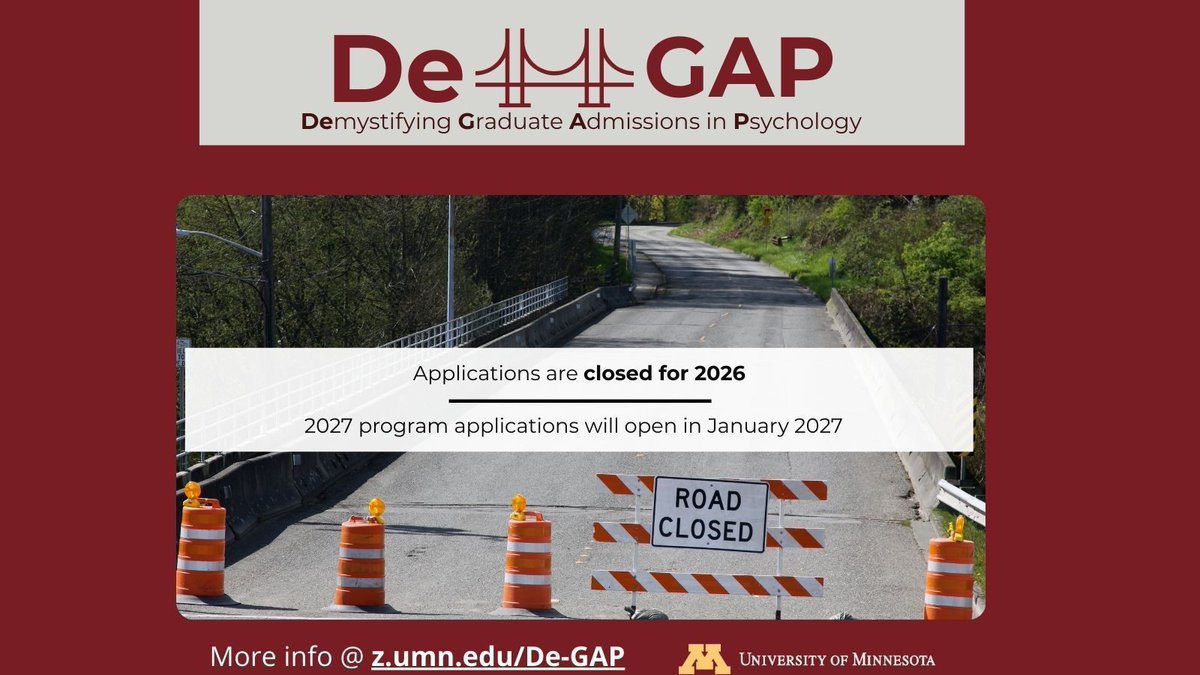 PsyAdvis's tweet photo. Applications for UMN’s De-GAP Program are now CLOSED! Thank you to everyone who applied—we’re excited to support the next cohort. Stay tuned for future updates: https://t.co/nGKPlph6Ja #DemystifyingGradPsych https://t.co/QOTFvXQdL9
