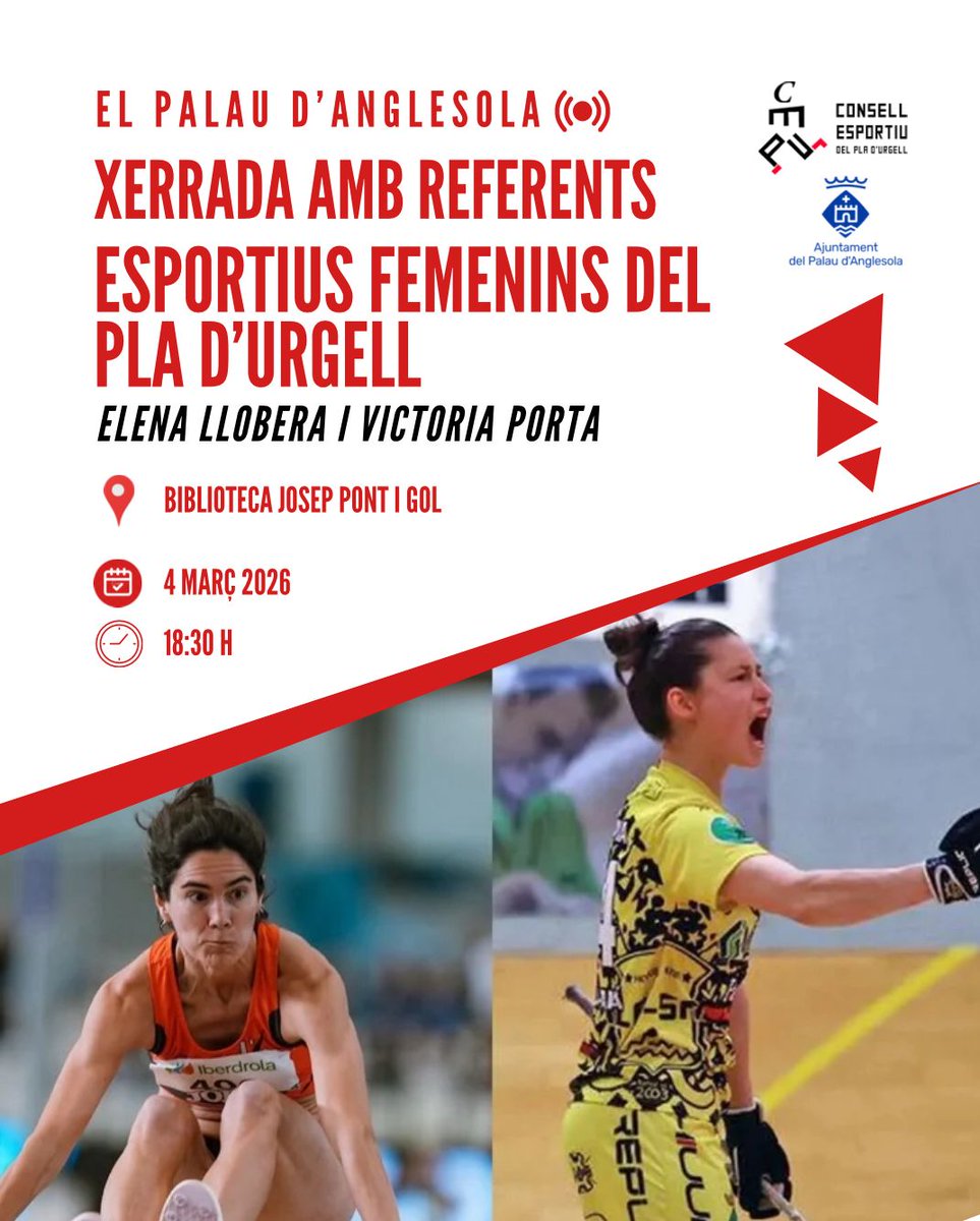 AjuntamentPalau's tweet photo. 📢 AVUI dimecres, a les ⏰ 18:30h  i a la 📍 Biblioteca Josep Pont i Gol del #PalaudAnglesola, 🏃‍♀️ Xerrada amb referents esportius femenins del #PladUrgell

ℹ  Comptarem amb la presència de l'Elena Llobera i la Victòria Porta.

#8M #EnsPlauElPalau

@ceplaurgell
@BpElPalau https://t.co/Xy3eKTHDL8