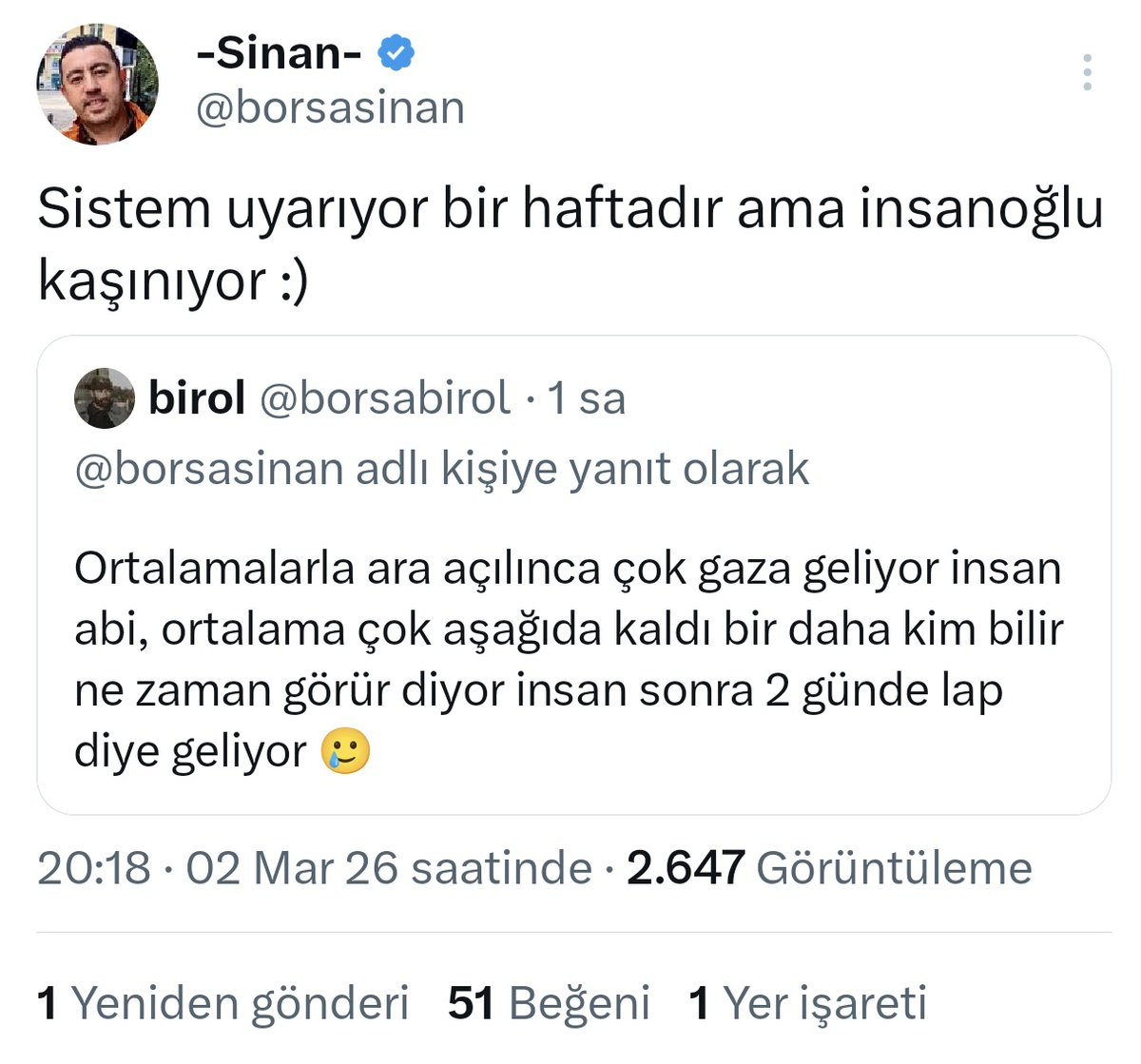 Ah be üstadım maliyete gelsin partileriz boşver sen canını sıkma <a href="/borsasinan/">-Sinan-</a> Fevri hareketlerden kaçınalım üstadım sen borsanın pirisin hava yollarını kucaklamak olmadı üstadım #bist100 #bist30 #pgsus #thyao