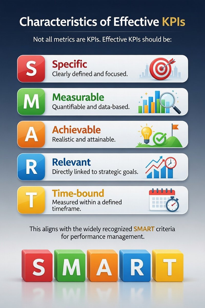 AcademyKpi's tweet photo. Characteristics of Effective KPIs

Not all metrics are KPIs. Effective KPIs should be:

•Specific – Clearly defined and focused.

•Measurable – Quantifiable and data-based.

•Achievable – Realistic and attainable.

•Relevant – Directly linked to strategic goals.

•Time-bound – Measured within a defined timeframe.

This aligns with the widely recognized SMART criteria for performance management.

#KPI

 #PerformanceManagement

 #SMARTGoals

 #BusinessStrategy

 #PerformanceMeasurement

#KPIs

 #BusinessPerformance

 #StrategicManagement
