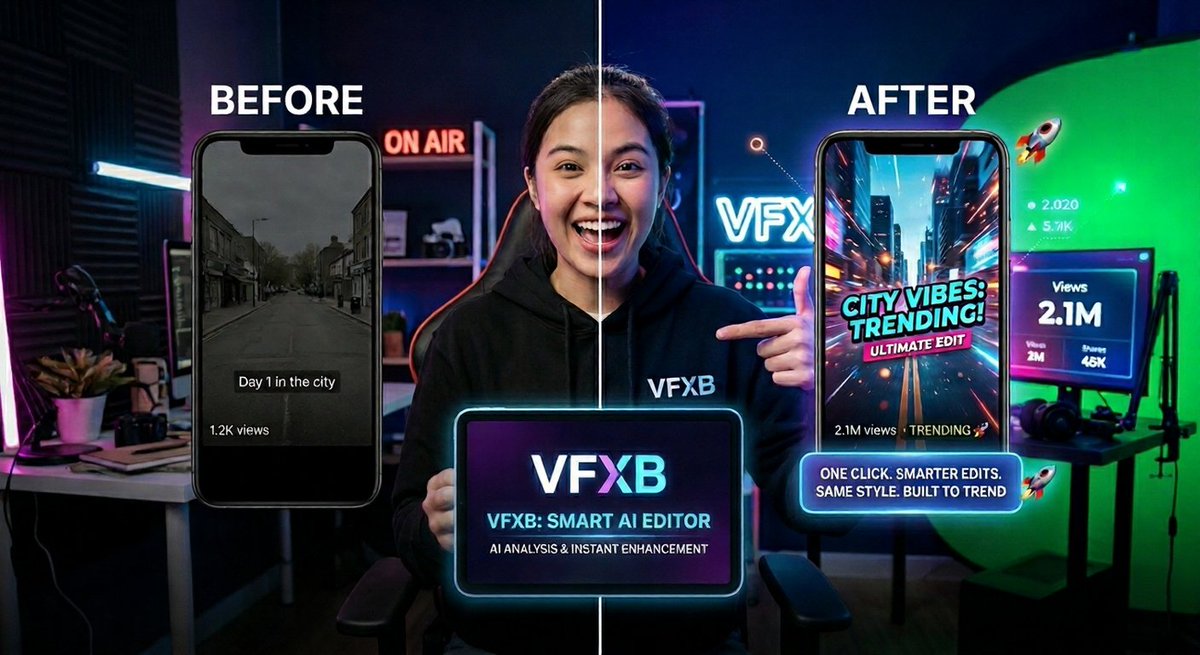 videofxbot's tweet photo. Your video isn’t bad.
It just doesn’t grab attention.
VFXB analyzes your footage, spots what’s holding it back, and fixes it — instantly.

One click. Smarter edits. Same style.
Built to trend. 🚀

#VFXB #GoViral #CreatorTools #AIEditing #ReelsGrowth https://t.co/yUJJGbhHlF