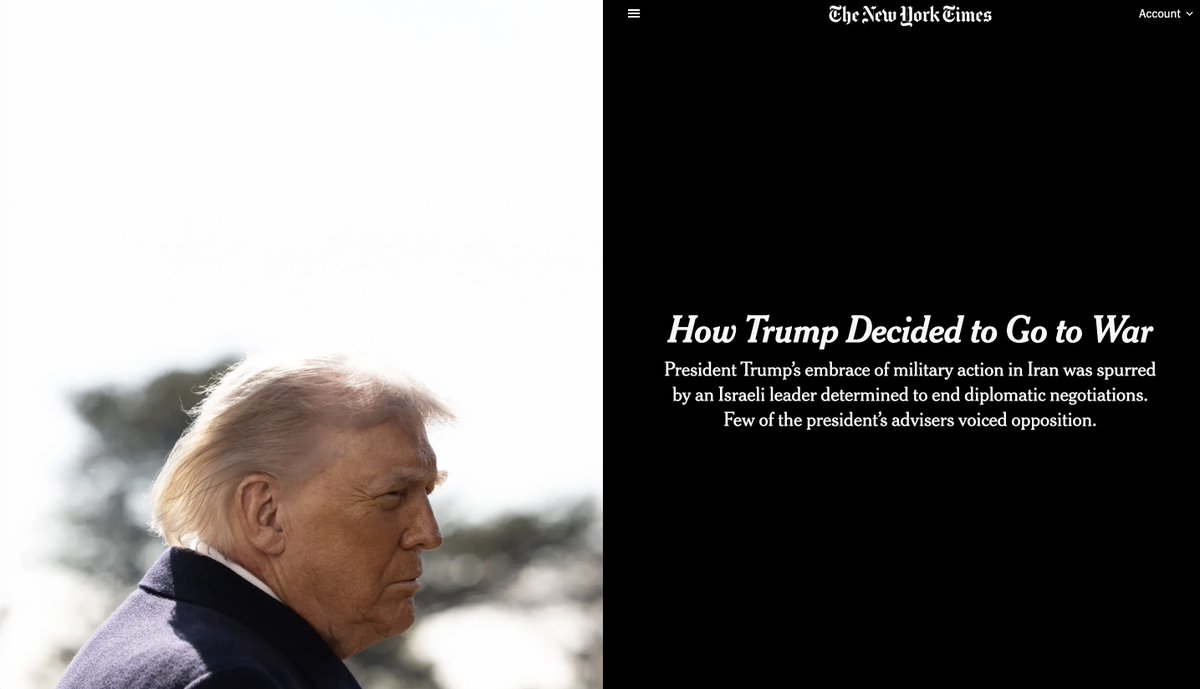 NEW from <a href="/nytimes/">The New York Times</a>: The definitive story of how Trump took an almost inevitable path to a new US war in the Middle East: Netanyahu repeatedly urged him to attack Iran with Israel, and no aides voiced opposition. Netanyahu also undermined diplomacy. Regime change became the goal.