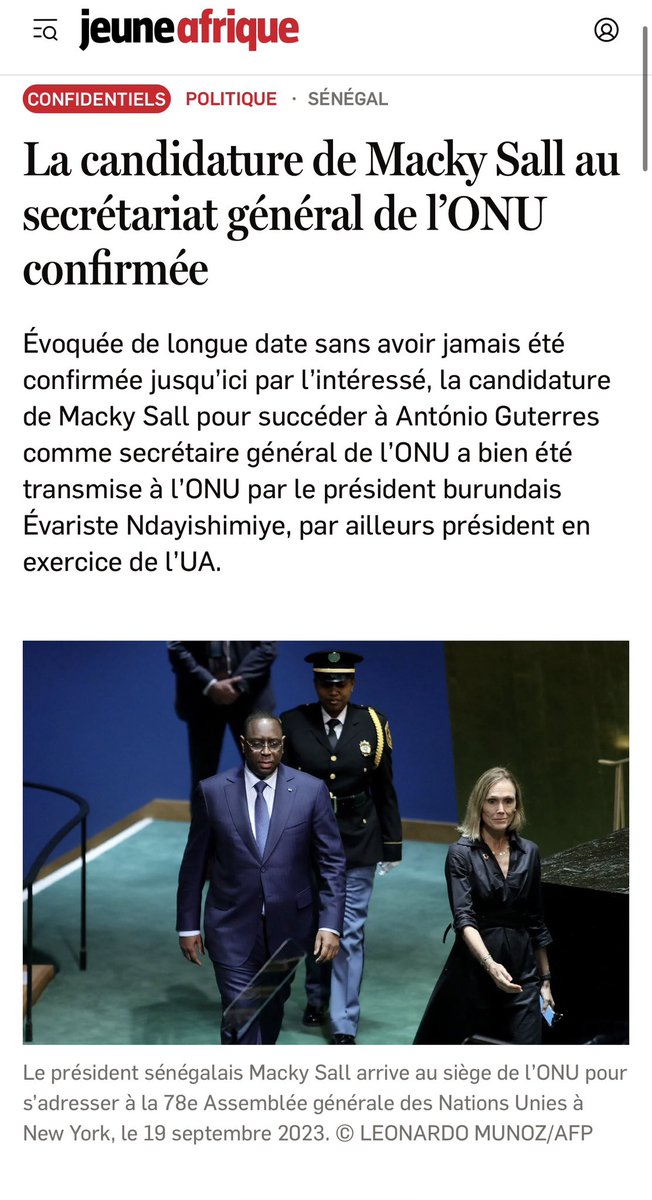#Sénégal : Macky Sall devrait être en prison pour avoir ruiné son pays et fait tirer sur son peuple (avec des armes et la complicité françaises). 

Et au lieu de ça, toute honte bue, il est tranquillement candidat au poste de secrétaire général des Nations Unies. Une organisation