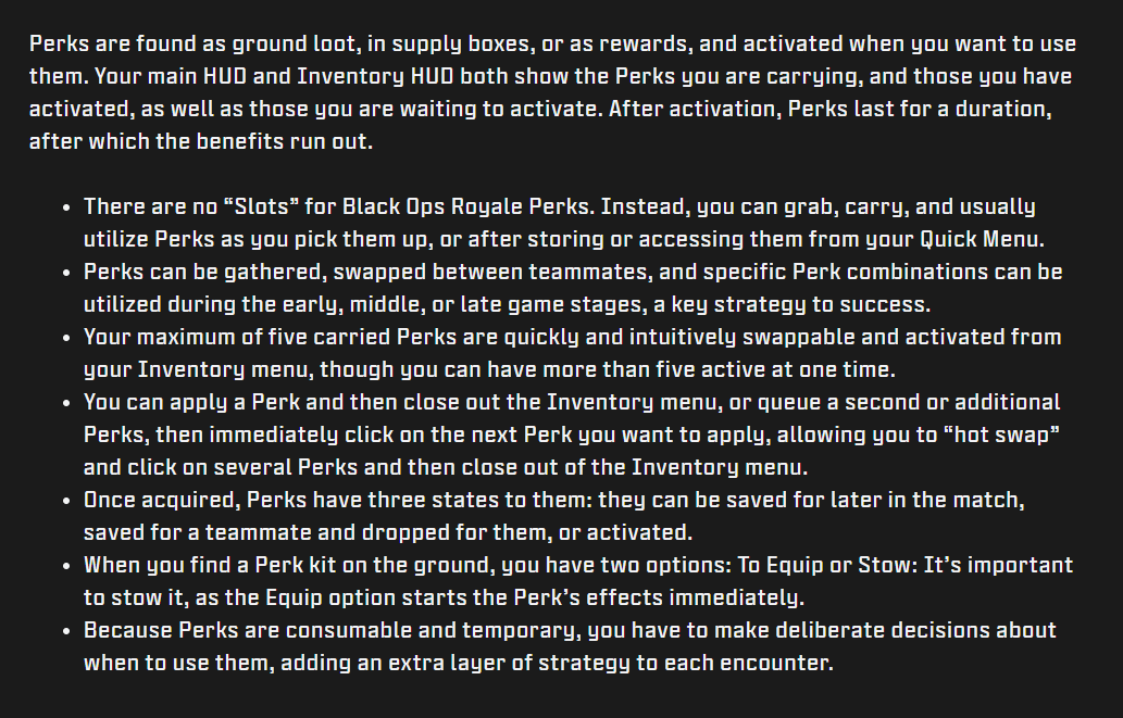 ModernWarzone's tweet photo. Consumable perks return to Call of Duty with Black Ops Royale / Blackout 2.0

- Carry up to 5 perks at a time
- Can be used immediately or stowed 
- Can apply and queue additional perks quickly then close out of menu
- Can have more than 5 perks active at one time https://t.co/O1caMMSuJo