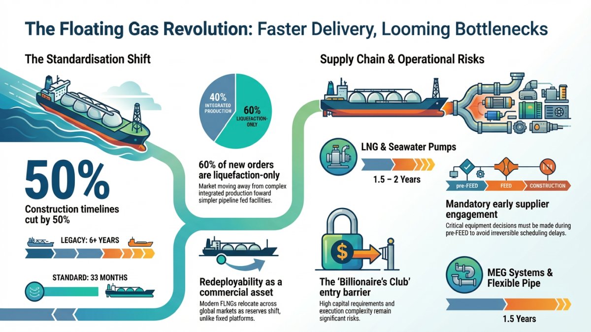 d4t4nu's tweet photo. The FLNG sector is undergoing a 'floating gas revolution,' where standardisation has slashed construction timelines by 50%, reducing legacy six-year projects to just 33 months. Amazing feat that this image illustrates. https://t.co/Ri3qNyFpBw