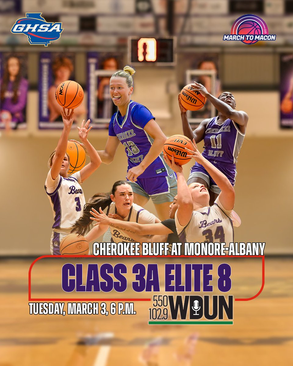 WDUNSports's tweet photo. 🔥🚨 Class 3🄰 Elite 8️⃣ 📻COVERAGE🏀 

@OfficialGHSA Final 4️⃣on the line.      

🏀 Cherokee Bluff at Monroe High
📍 Monroe Gym, Albany, Ga. 
⌚️ 6 p.m.
🗓️ Tuesday, March 3
📻 AM 550 &amp; FM 102.9 WDUN https://t.co/odS0cXvXDJ
