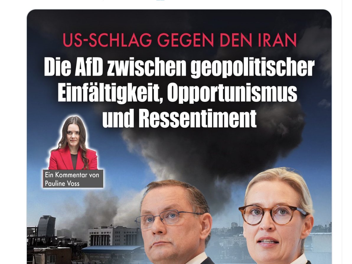 Wow! Was hier gerade von "Nius" und Partnern in rasendem Tempo passiert, ist atemberaubend! Die Iran-Debatte ist für Deutschland nur mäßig relevant, wird aber gegen die AfD von "Nius" und Co brutal hochgefahren, als ginge es nur darum, der AfD nach dem Sieg gegen das Verbot im