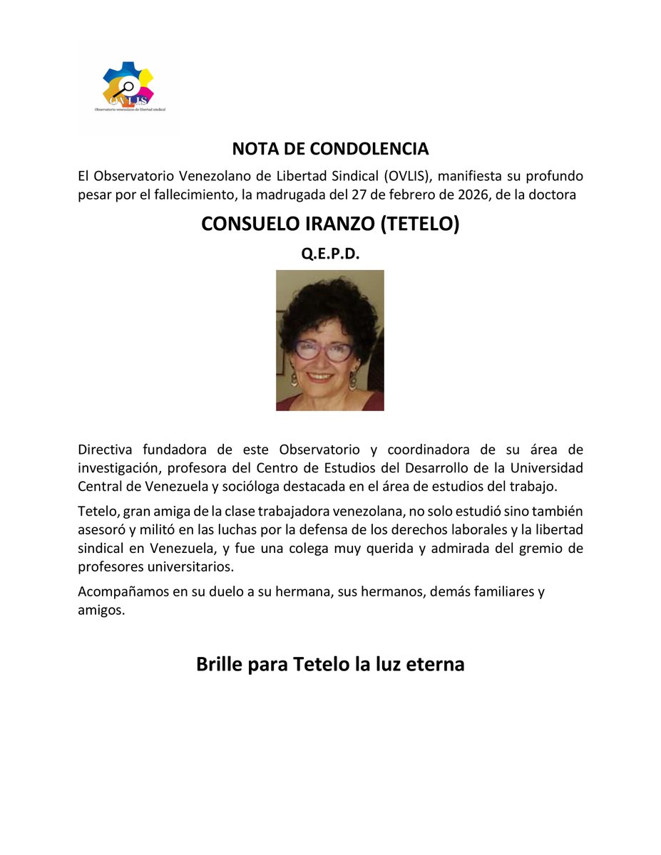Con dolor despedimos a nuestra Tetelo, coordinadora de investigación de OVLIS, y expresamos nuestras condolencias a sus familiares y amigos. Paz a su alma.