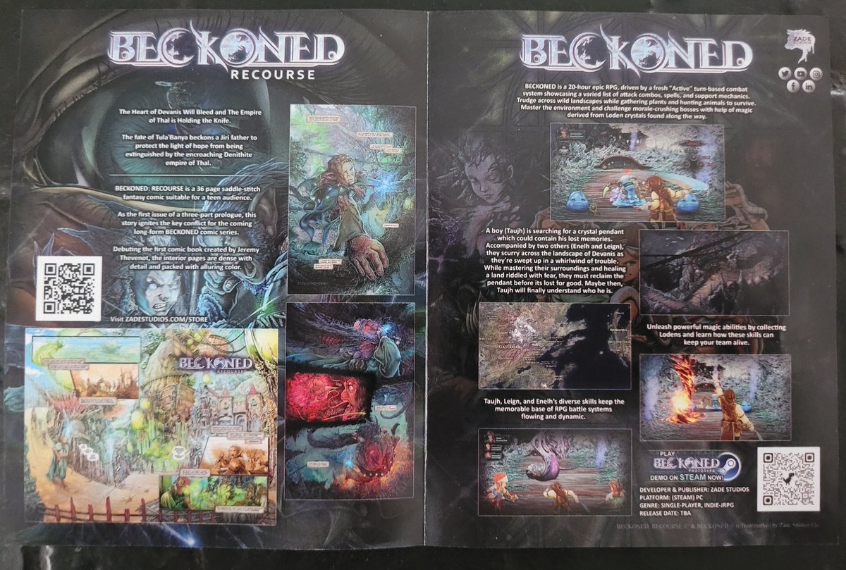 StudiosZade's tweet photo. Got some brochures made for some upcoming events.
Scan the codes to go to the store shop or the Steam store page for BECKONED.
Our banners look great, and we will show later...
We r con-ready.
#NoCowards
bOw https://t.co/AC8ywI7DVK