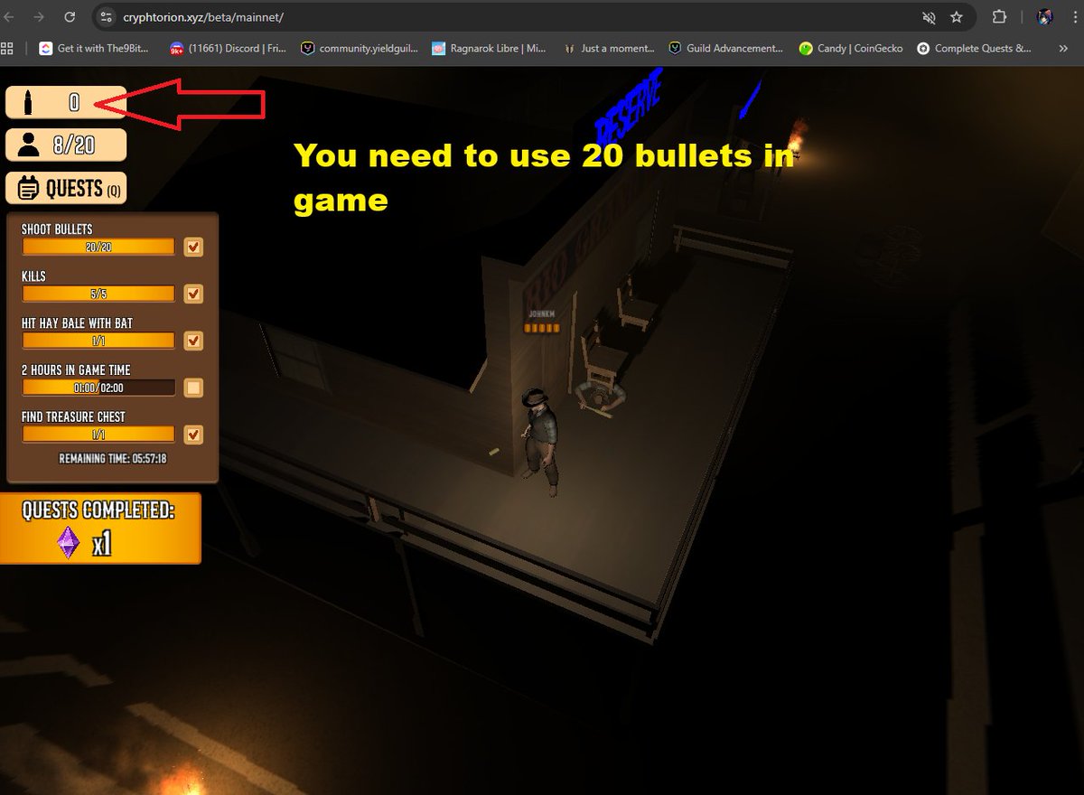 j0hnkm's tweet photo. @Cryphtorion You’ll need Sol to buy in-game bullets, or you can earn it by participating in game nights at @Cryphtorion. Just shoot 20 bullets in the game, it’s as easy as that. If you complete a total of 5 quests, you’ll receive 2 gems.
But there's also 1 gem if you completed 4 quests (f2p). https://t.co/RytdSxxRNm