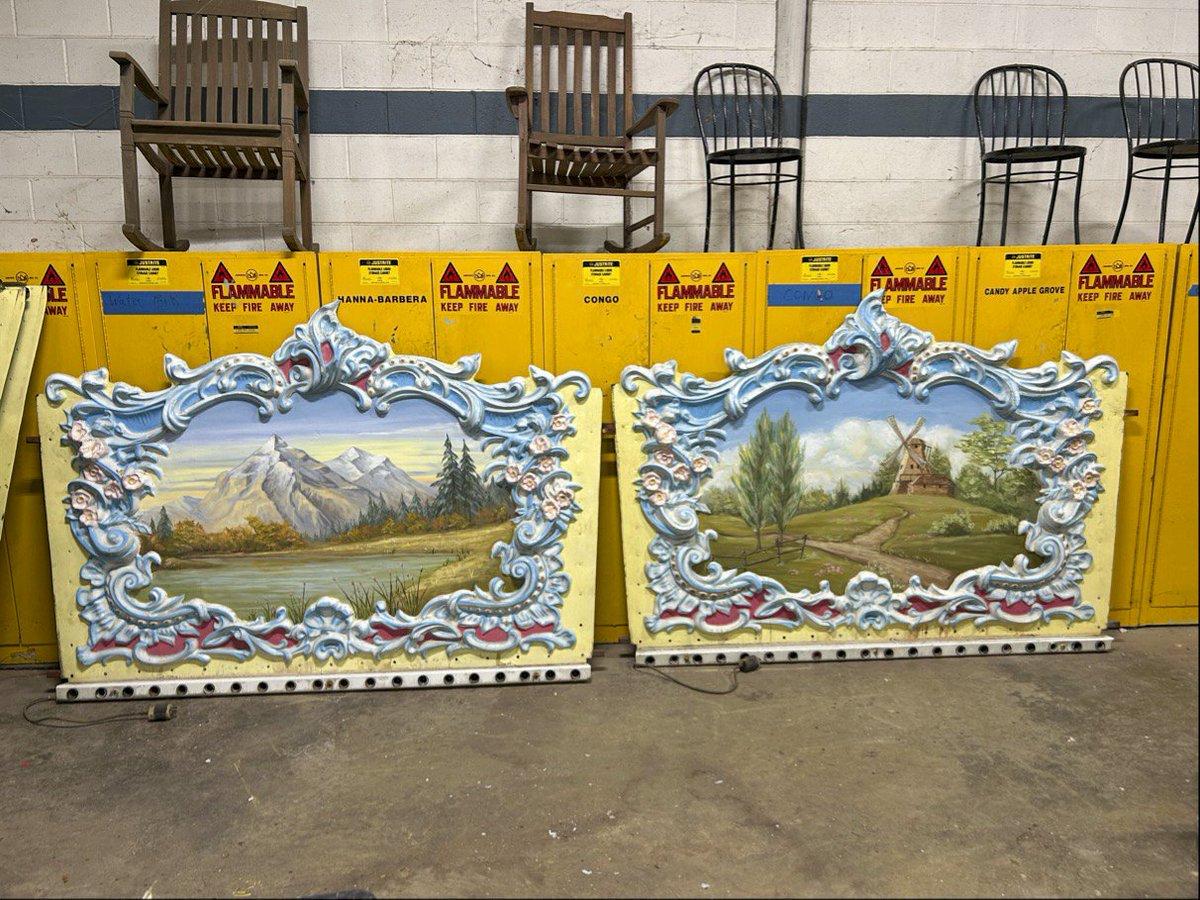 KingsDominionVA's tweet photo. Here's another look at an off-season maintenance project as we gear up for Opening Day on March 21st at #KingsDominion! The Wave Swinger is getting some refurbishment, including the repainting of these murals. 👩‍🎨  #MaintenanceMonday #ThemeParks https://t.co/5cjVww72kC