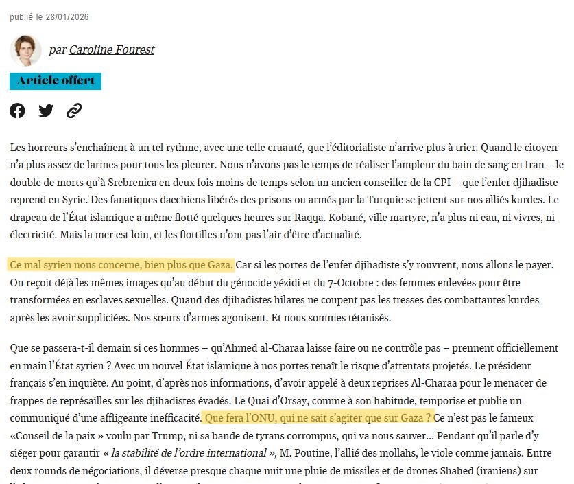 ReporterSyrien's tweet photo. Dans la série de plus grand menteur, aujourd'hui la chroniqueuse Caroline Fourest fait son entrée au Top 5 de plus grand menteur
Caroline Fourest, constante dans ses mensonges, ses fabulations ne sont pas de petites modifications de petits détails mais une réinvention totale, aidée par une imagination gratuitement haineuse et profondément raciste.
Aveuglée par une haine ancestrale et sacrée elle va jusqu'à s'inventer une réalité alternative afin de pouvoir mobiliser contre les syriens "Ce mal syrien nous concerne, bien plus que Gaza" elle qui passe son temps dénigrer et agresser les pauvres vidéastes Gazaoui, et à relayer les fausses informations diffusées par le ministère des Affaires étrangères israélien, elle a trouvé une solution innovatrice qui consiste se servir des Kurdes en les envoyant à la mort pour allumer un contre-feu médiatique pour reléguer le génocide à Gaza à l'arrière-plan médiatique et laisser les israéliens achever les palestiniens discrètement
Dans la réalité, Caroline Fourest se contrefiche des Kurdes et elle ne connait rien de la cause kurde, elle est incapable de citer une ville Kurde en Syrie
Pour elle les kurdes sont des pions qu'on manipule pour atteindre les Syrie et faire couler du sang, à ne pas négliger la nature perverse du personnage

je ne sais pas ce que les syriens peuvent faire contre ce milieu médiatico-intellectuel-pédophile de chroniqueurs mondains pour qui rien n'est plus valorisant que de mentir pour calomnier les syriens