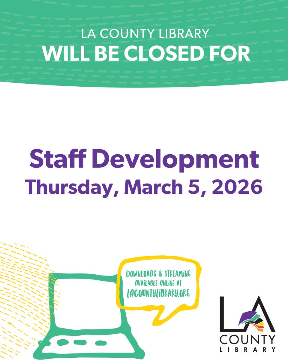 MalibuLibrary's tweet photo. We will be closed on Thursday, March 5, for staff development. We’re always open online! Get eBooks, audiobooks, movies, music and more! Visit https://t.co/aTRNRkz7re https://t.co/jHGNbWd4p3