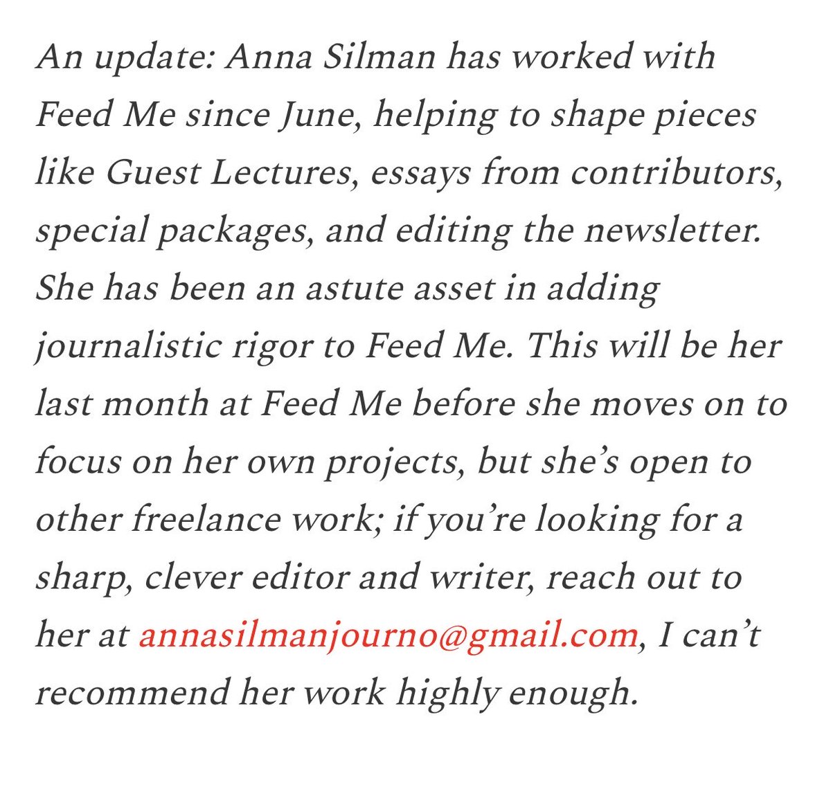 annaesilman's tweet photo. it’s true! hoping to write a lot more but also open to editing/consulting/other journalism-adjacent things so hit me up, l am smart and nice https://t.co/K0TlFa0quH