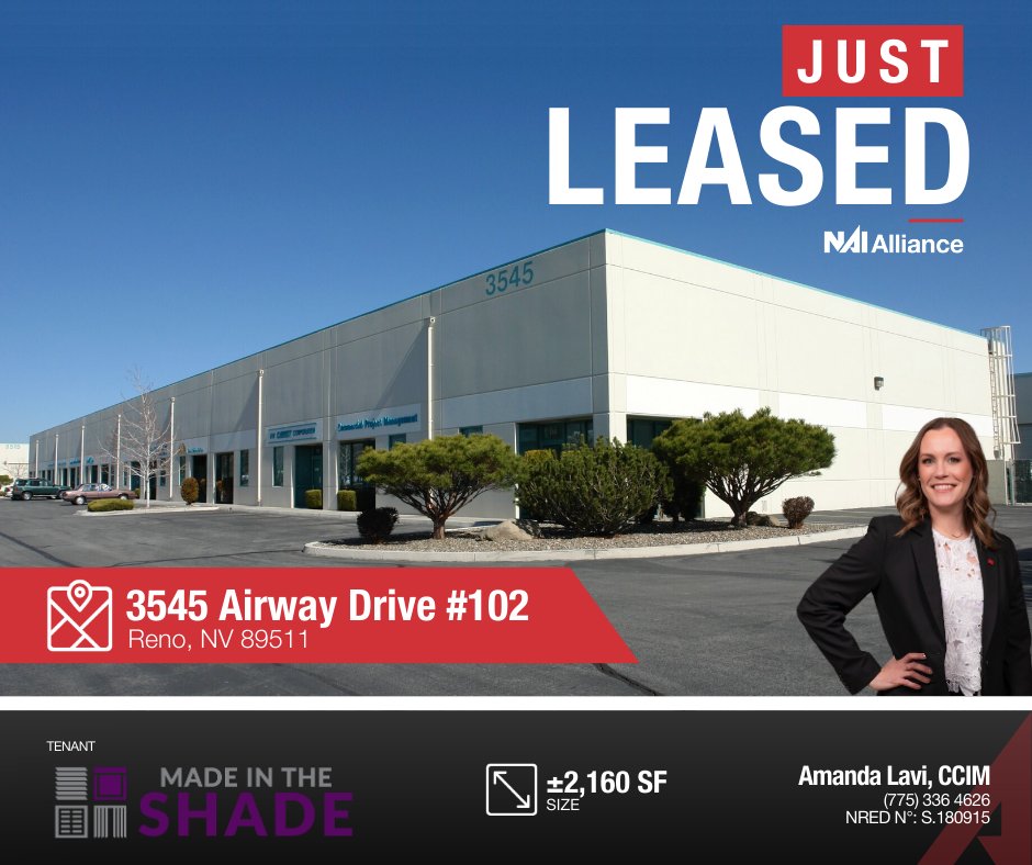 Just Leased 🎉

📍3545 Airway Drive #102

Amanda Lavi, CCIM of NAI Alliance, was proud to represent Made In The Shade Reno in the leasing of their new location in Reno.

#NorthernNevada #JustLeased #RenoRealEstate