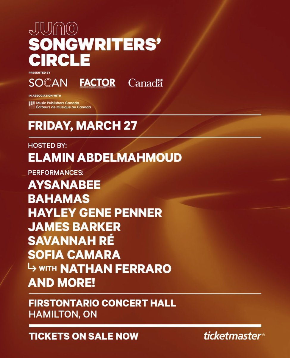 sofiacamaranews's tweet photo. Sofia Camara is set to perform at her first-ever JUNO Songwriters’ Circle! She’ll be taking the stage with Grammy nominated songwriter Nathan Ferraro 🎶🎤

📅Friday, March 27
📍FirstOntario Concert Hall, Hamilton, ON
🎟️Tickets on sale now via https://t.co/3sGNaOgOCq https://t.co/JnirL7tzHq