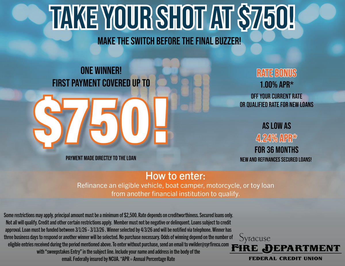 SyrFireCU's tweet photo. It's March MADNESS in the loan department! 💰💰💰 Check out our special and reach out to a loan officer NOW! https://t.co/ptECZI7SWv https://t.co/ehL9Za7HrI