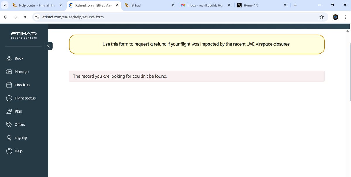 RushilDedhia's tweet photo. Unable to process the refund form @EtihadHelp @etihad. The trip details are not getting captured https://t.co/mSihUmUNoB