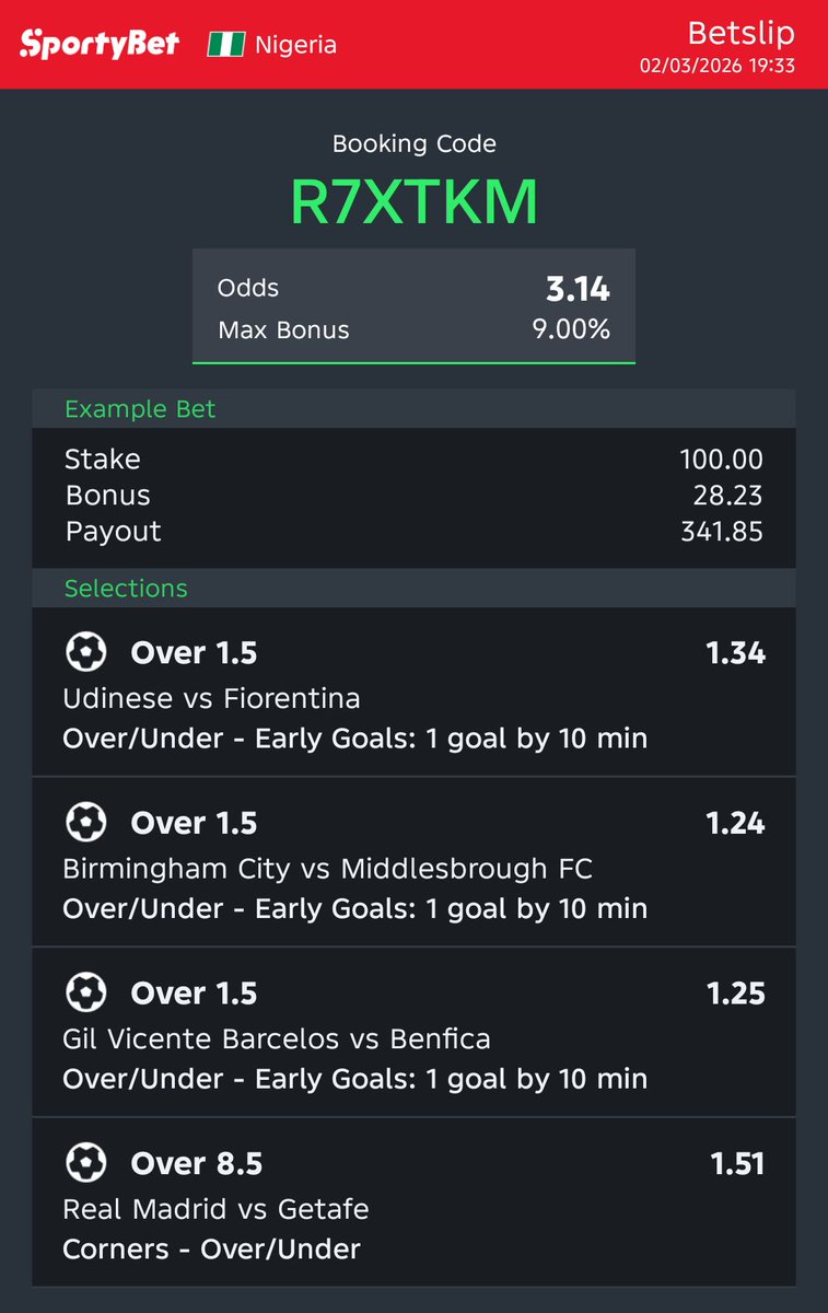 Hey check out the bet I just placed on Sportybet! sportybet.com/ng/?shareCode=…