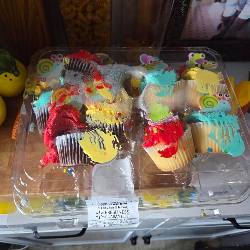CraftyandBlue99's tweet photo. @Walmart Not a hoppy day. My groceries were left in the driveway and the cupcakes a mess. I tried to fix them. I know they will taste the same regardless but one reason I buy cupcakes from Walmart is the cute presentation. I keep the rings for crafting. https://t.co/1YUUoOA40n