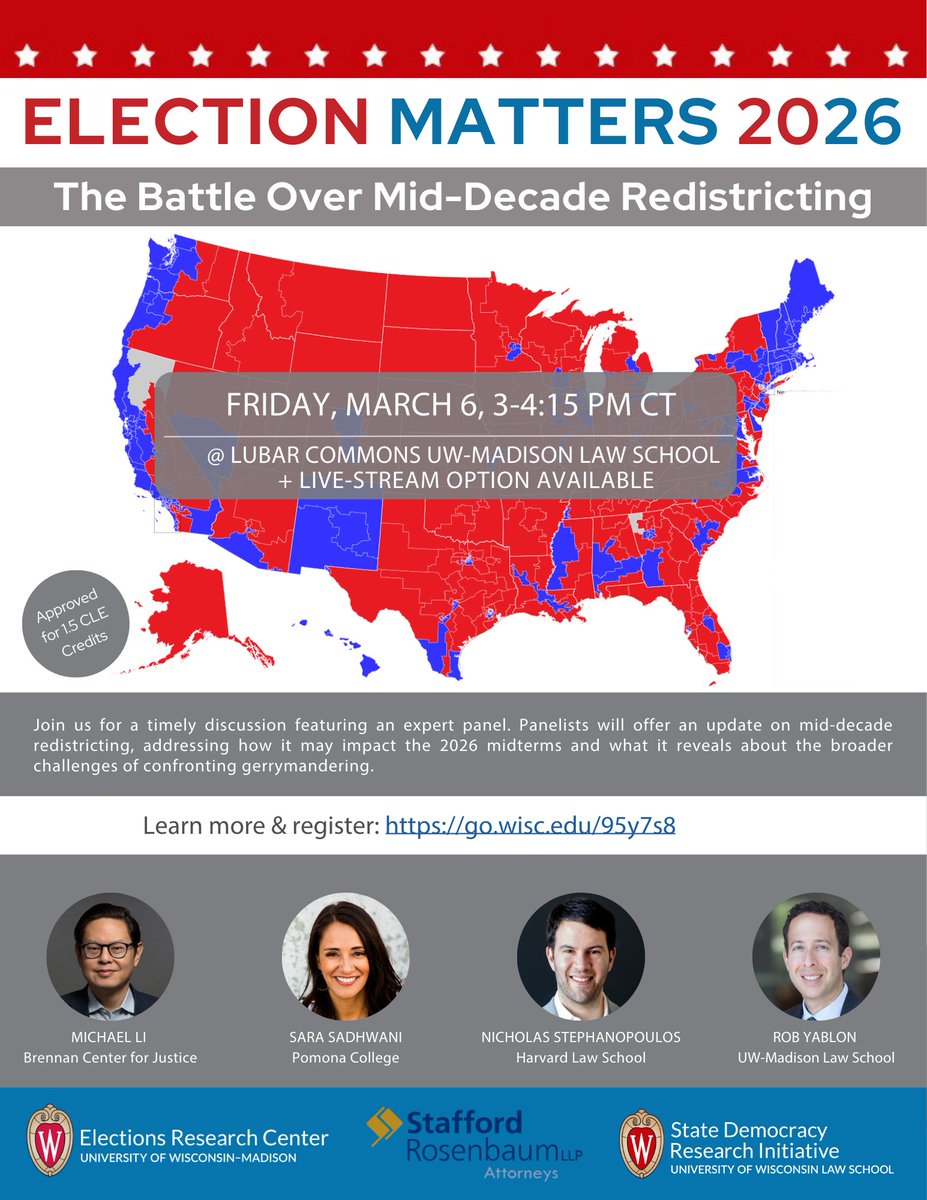 FairDistrictsPA's tweet image. Hear the latest on mid-cycle #redistricting &amp;amp; broader legal debates about #gerrymandering. 
Available online Friday, March 6, 3:00-4:15 pm Central Time (4:00-5:15 Eastern) @UWLawDemocracy @ElectionsCenter w @ProfNickStephan @mcpli @sarasadhwani @RobYablon