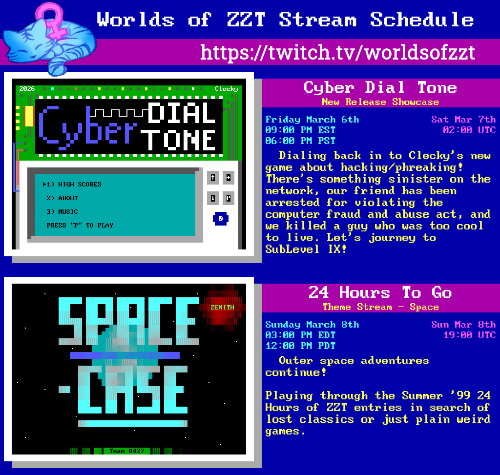 worldsofzzt's tweet photo. https://t.co/Z7EwNwboP8 Stream schedule for this week: More computer crime and dark underground secrets, and more making haste in space!
(Remember to Spring forward to be ready for the correct Sunday stream time!) #stream_schedule #zzt https://t.co/UoIXrKKXIv