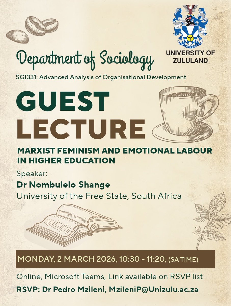 PedroMzileni's tweet photo. 🎙️ In case you missed it this morning, here’s the recorded copy of the guest lecture by Dr Nombulelo Shange @nombly —- “Marxist Feminism and Emotional Labour in Higher Education” 🔗 https://t.co/lZOjgegVGF https://t.co/sFVK2XsXGR