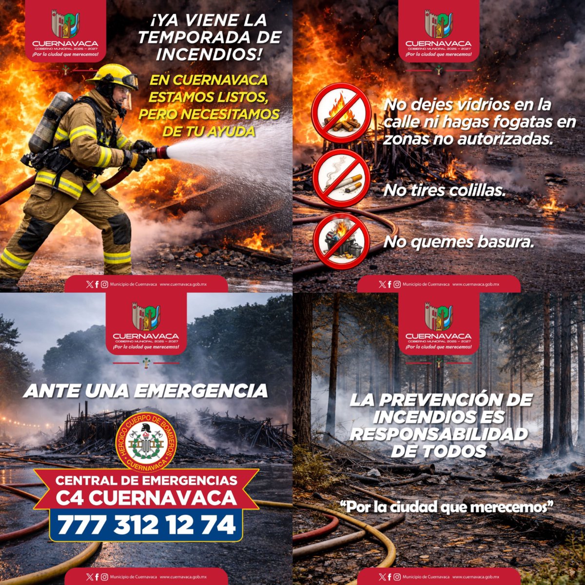 🔥 En #Cuernavaca, la prevención de incendios es tarea de todos.

Un acto irresponsable puede poner en peligro vidas y patrimonio.

🚫 No quemes basura.
🚬 No tires colillas encendidas.
🌿 Actúa con responsabilidad.

Ante cualquier emergencia, los Bomberos de Cuernavaca están