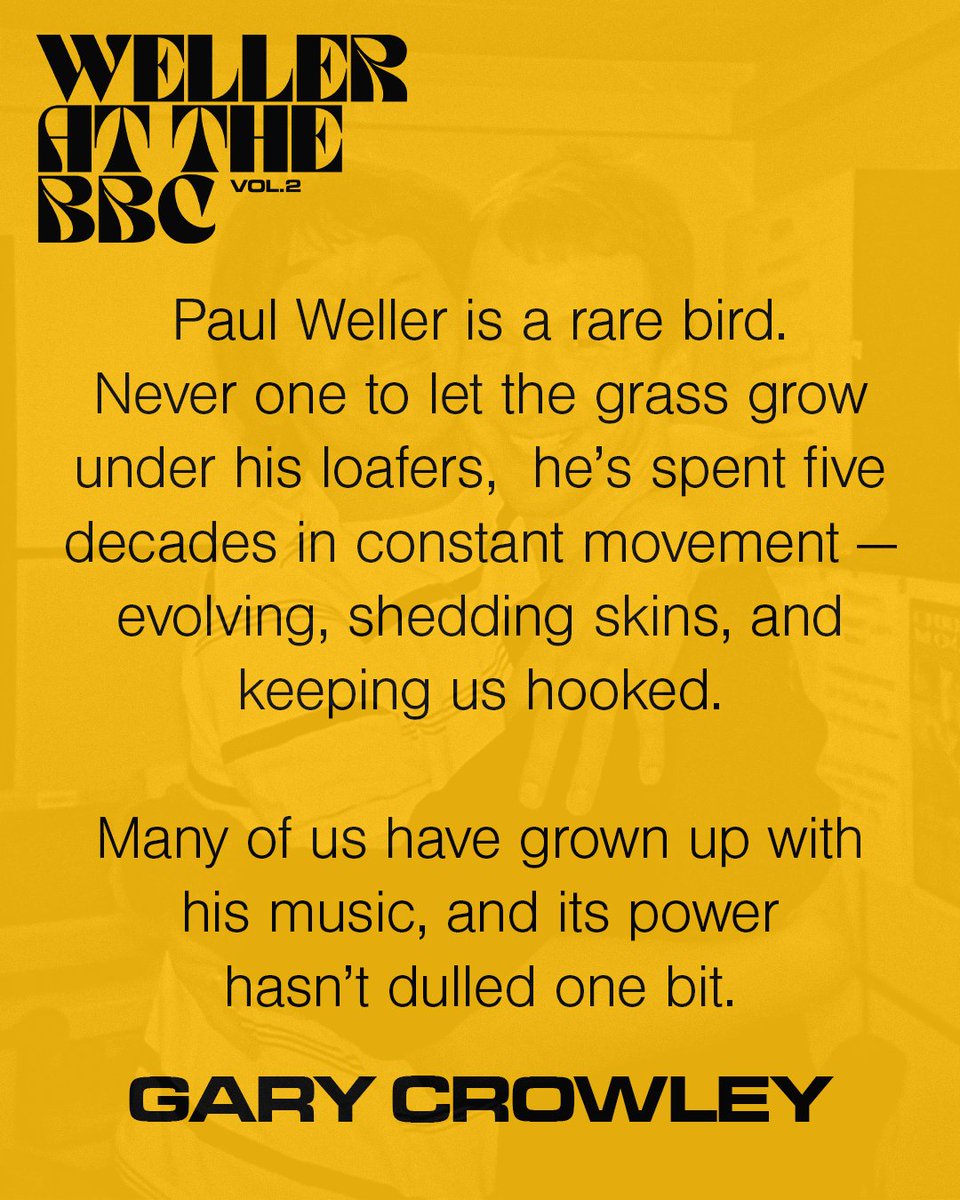 paulwellerHQ's tweet photo. The wonderful Gary Crowley on Paul: "Paul Weller is a rare bird. Never one to let the grass grow under his loafers,  he’s spent five decades in constant movement - evolving, shedding skins, and keeping us hooked."

(1/2) https://t.co/9yhHXfRRU9